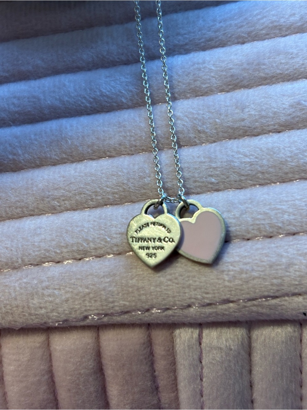 Tiffany & Co. Silver Double Heart Necklace with Pink Enamel Heart - Picture 4 of 4